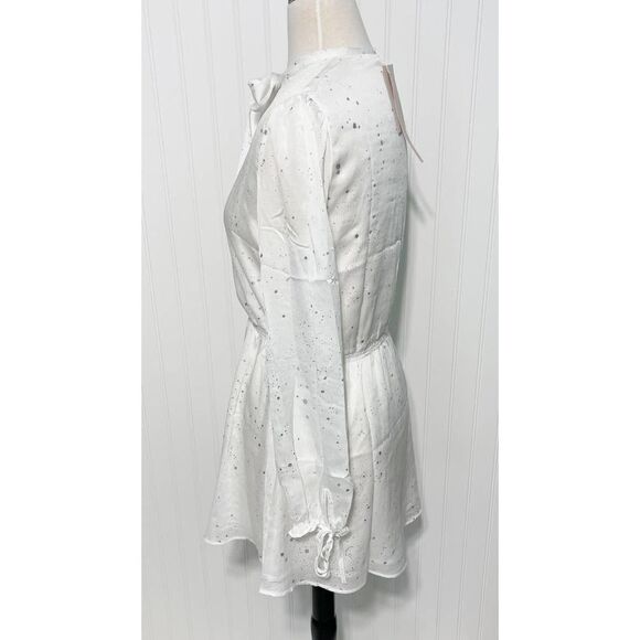 Avec Les Filles Long Sleeve Metallic Splatter Tie Crinkle Mini Dress White Small - Picture 12 of 15